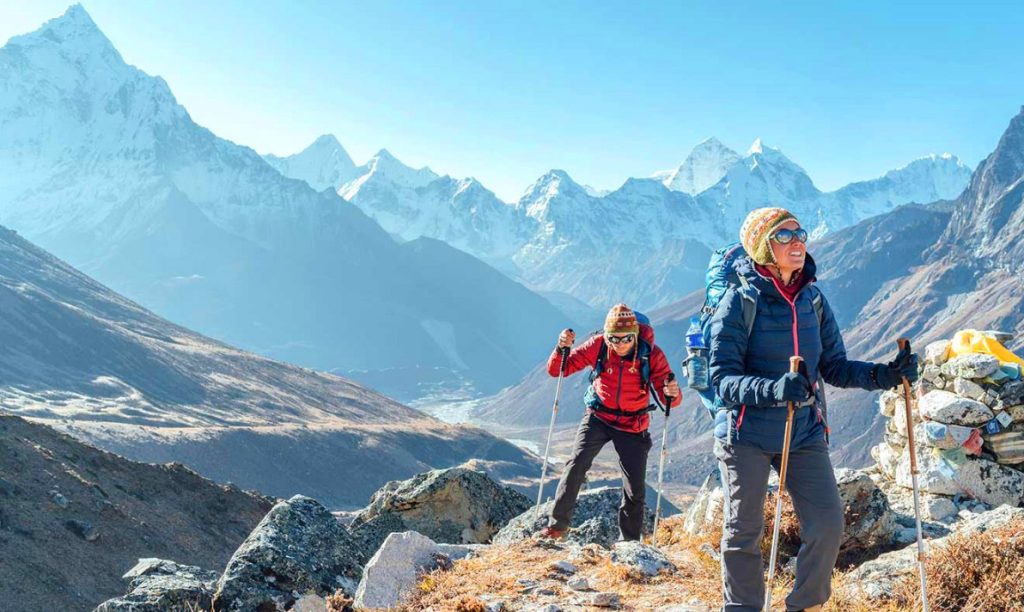 hiking up a mountain