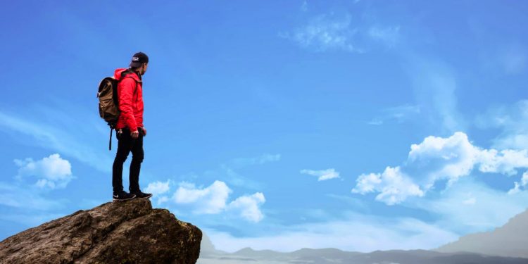 hiking up a mountain