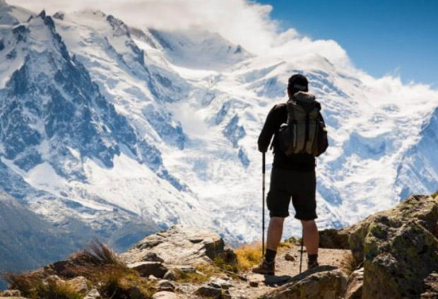 hiking up a mountain