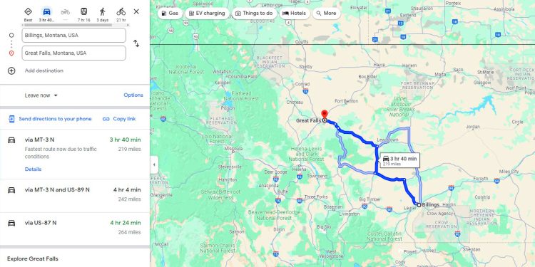 distance from billings montana to great falls montana
