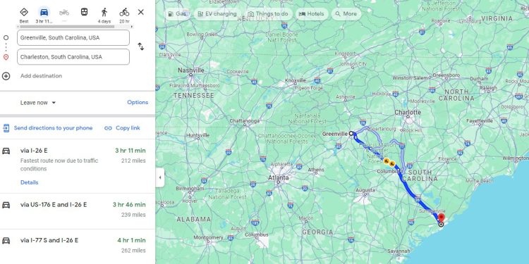 distance from greenville to charleston sc